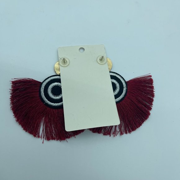 Tassel Earrings Red Black Embroidered Circles - Picture 4 of 6